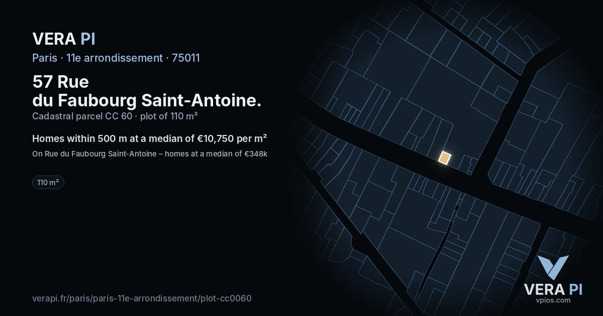 57 Rue du Faubourg Saint-Antoine, 11e arrondissement at night – the plot lit, the parcels around coloured by the prices near them
