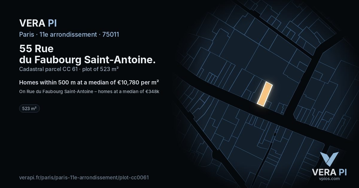 55 Rue du Faubourg Saint-Antoine, 11e arrondissement at night – the plot lit, the parcels around coloured by the prices near them