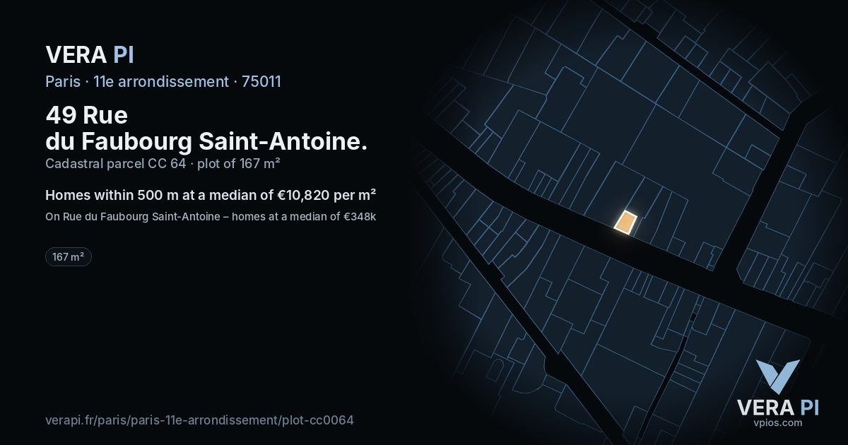 49 Rue du Faubourg Saint-Antoine, 11e arrondissement at night – the plot lit, the parcels around coloured by the prices near them