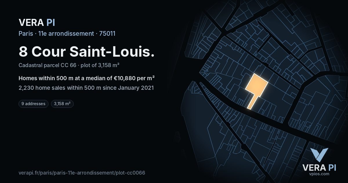8 Cour Saint-Louis, 11e arrondissement at night – the plot lit, the parcels around coloured by the prices near them