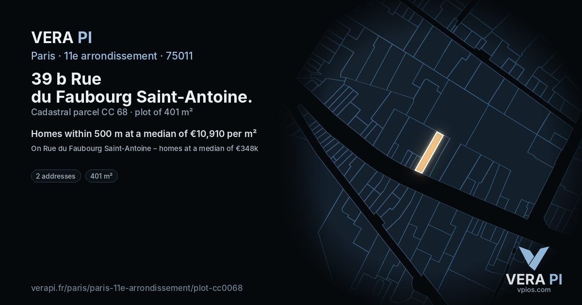39 b Rue du Faubourg Saint-Antoine, 11e arrondissement at night – the plot lit, the parcels around coloured by the prices near them