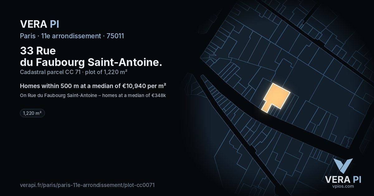 33 Rue du Faubourg Saint-Antoine, 11e arrondissement at night – the plot lit, the parcels around coloured by the prices near them