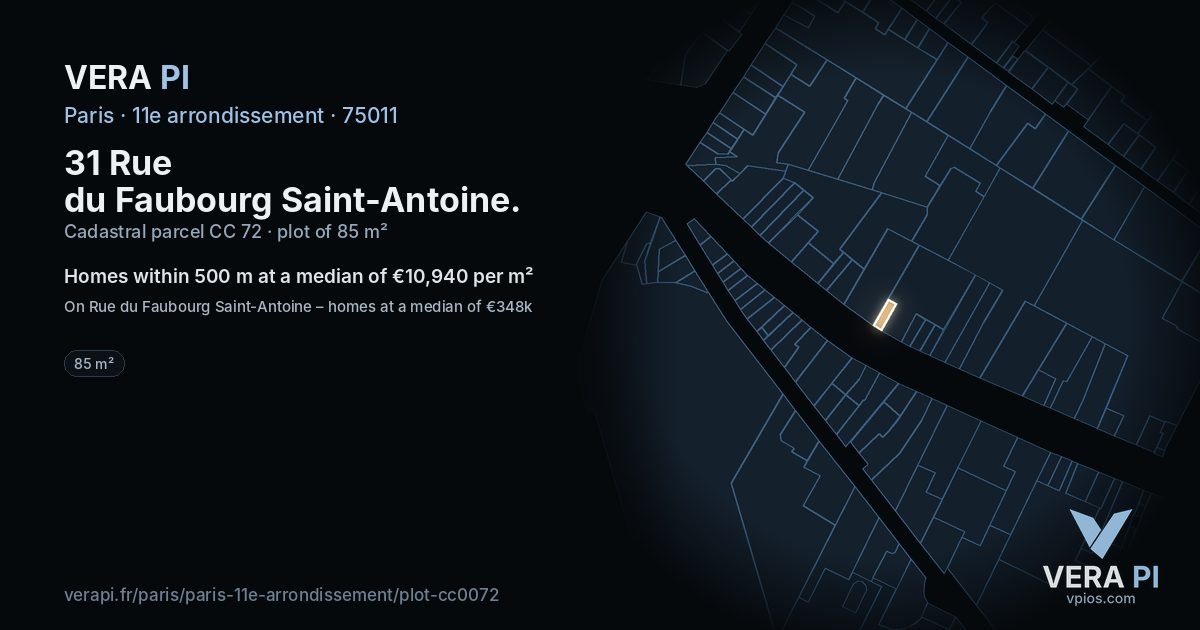 31 Rue du Faubourg Saint-Antoine, 11e arrondissement at night – the plot lit, the parcels around coloured by the prices near them