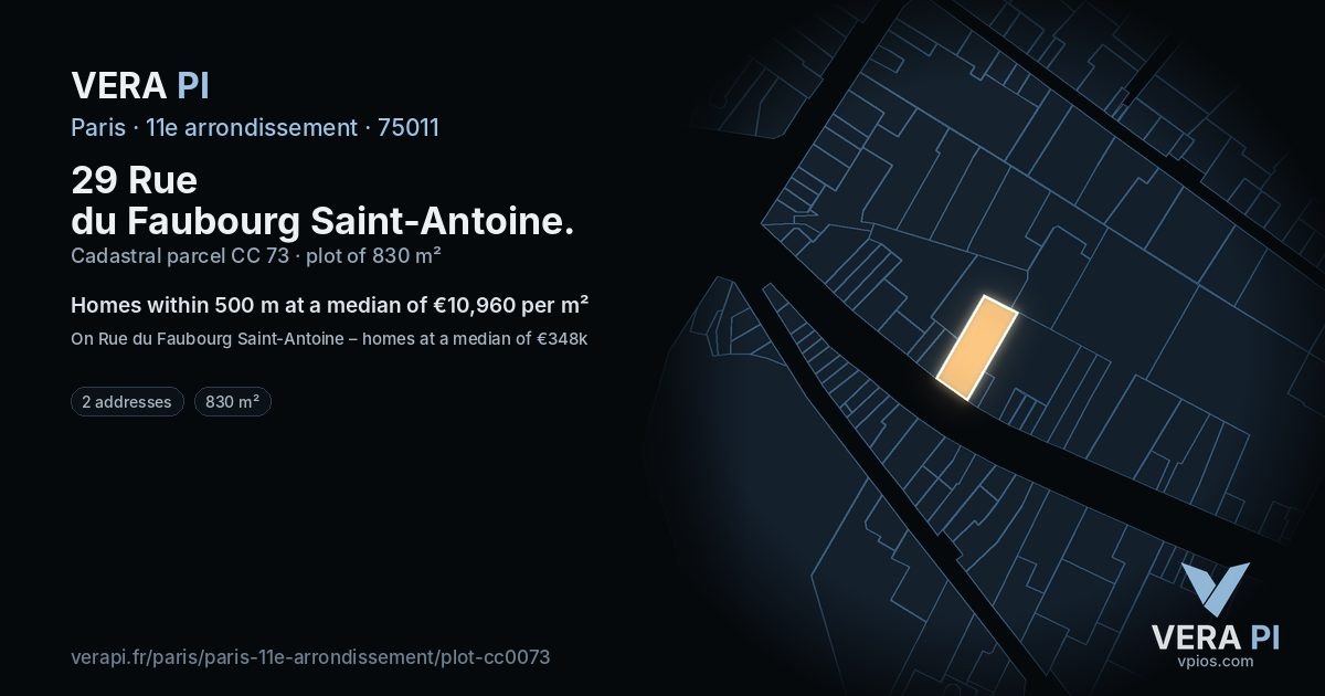 29 Rue du Faubourg Saint-Antoine, 11e arrondissement at night – the plot lit, the parcels around coloured by the prices near them