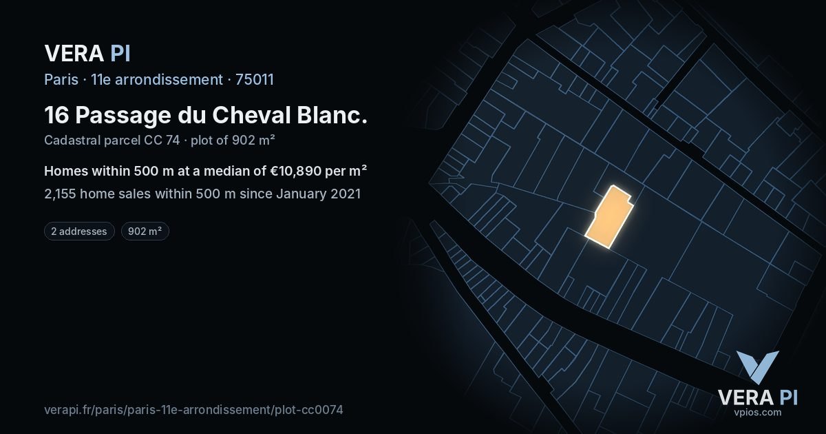 16 Passage du Cheval Blanc, 11e arrondissement at night – the plot lit, the parcels around coloured by the prices near them