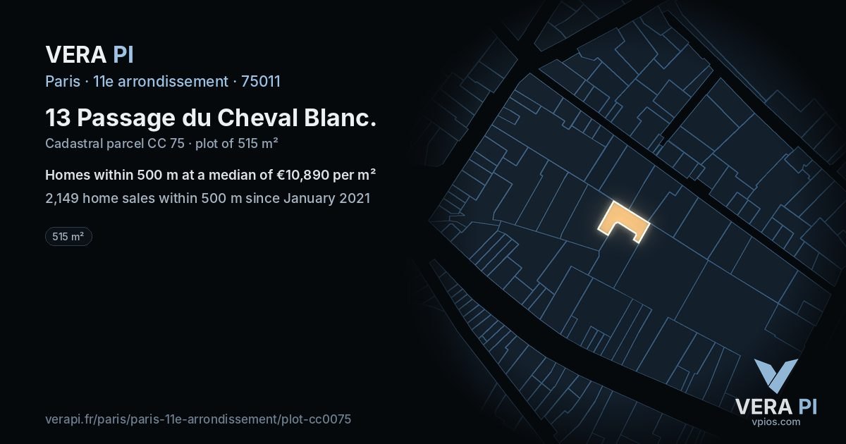 13 Passage du Cheval Blanc, 11e arrondissement at night – the plot lit, the parcels around coloured by the prices near them