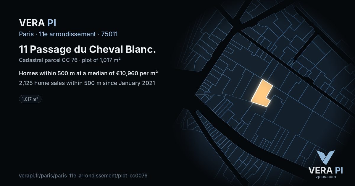 11 Passage du Cheval Blanc, 11e arrondissement at night – the plot lit, the parcels around coloured by the prices near them