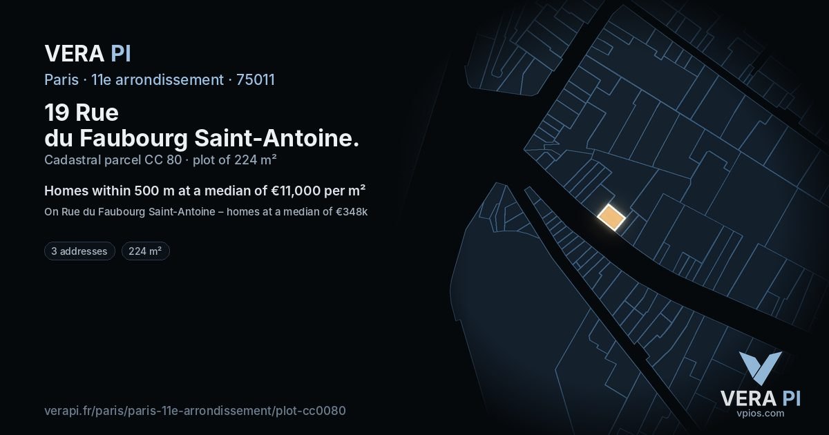 19 Rue du Faubourg Saint-Antoine, 11e arrondissement at night – the plot lit, the parcels around coloured by the prices near them