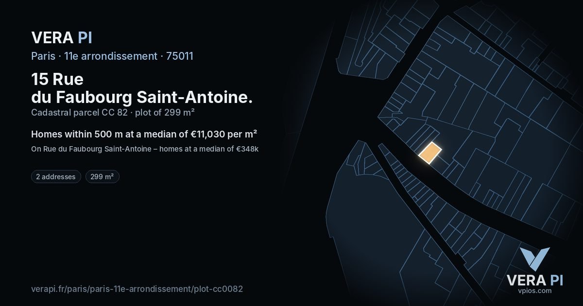 15 Rue du Faubourg Saint-Antoine, 11e arrondissement at night – the plot lit, the parcels around coloured by the prices near them