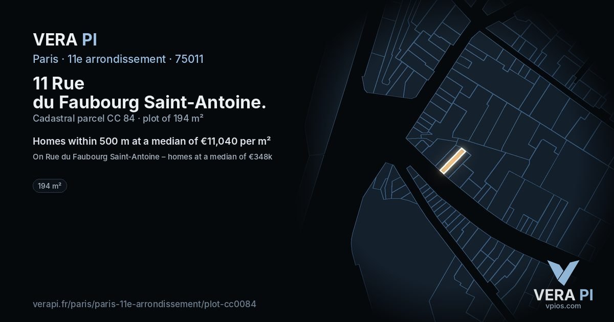 11 Rue du Faubourg Saint-Antoine, 11e arrondissement at night – the plot lit, the parcels around coloured by the prices near them