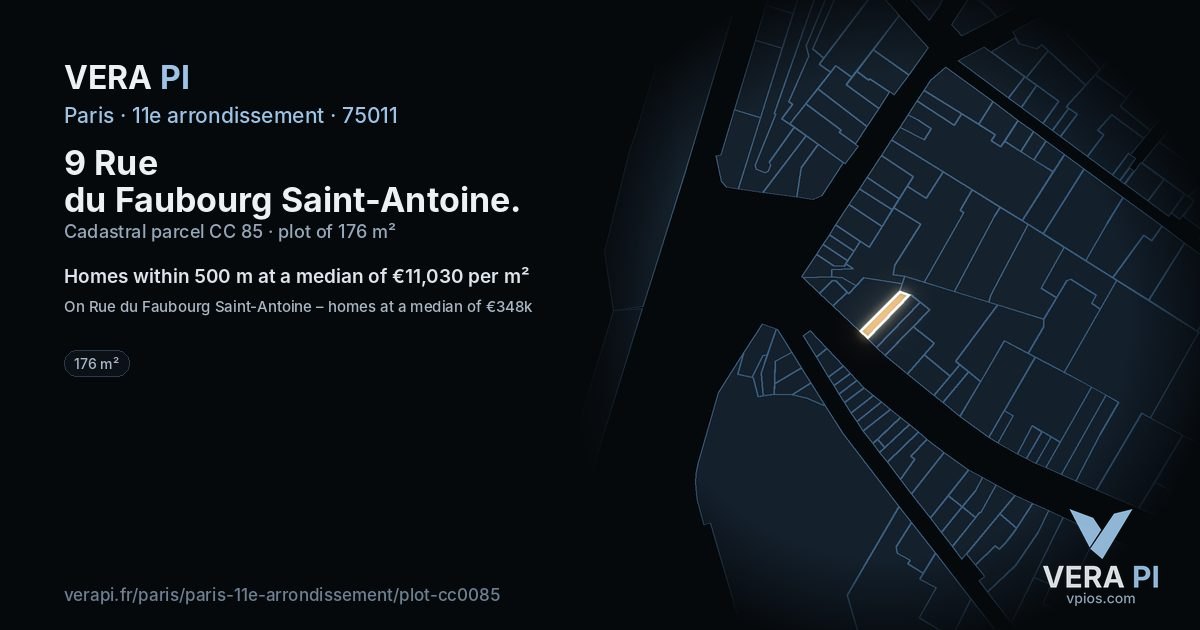 9 Rue du Faubourg Saint-Antoine, 11e arrondissement at night – the plot lit, the parcels around coloured by the prices near them