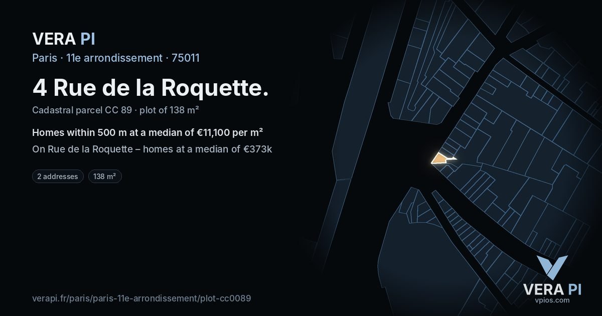 4 Rue de la Roquette, 11e arrondissement at night – the plot lit, the parcels around coloured by the prices near them