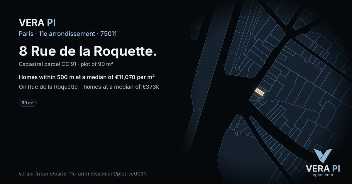 8 Rue de la Roquette, 11e arrondissement at night – the plot lit, the parcels around coloured by the prices near them