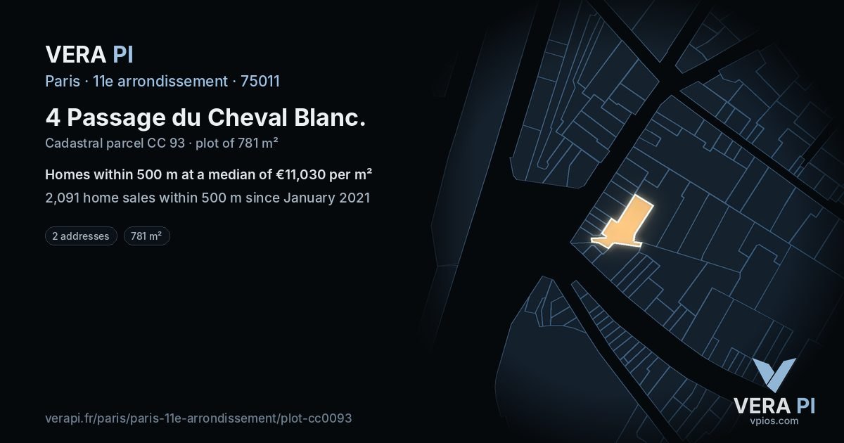4 Passage du Cheval Blanc, 11e arrondissement at night – the plot lit, the parcels around coloured by the prices near them