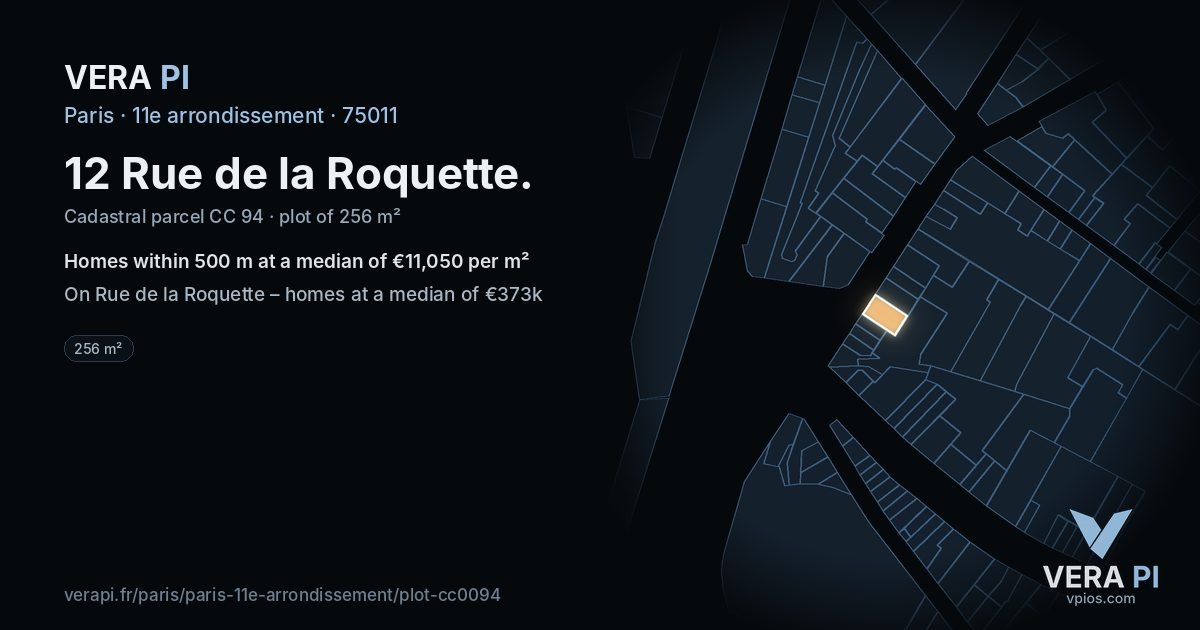 12 Rue de la Roquette, 11e arrondissement at night – the plot lit, the parcels around coloured by the prices near them