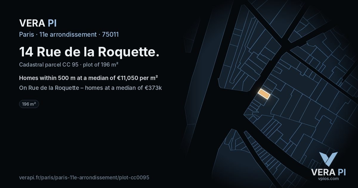 14 Rue de la Roquette, 11e arrondissement at night – the plot lit, the parcels around coloured by the prices near them