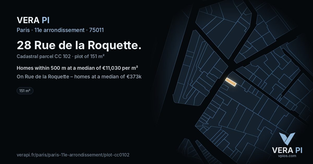 28 Rue de la Roquette, 11e arrondissement at night – the plot lit, the parcels around coloured by the prices near them
