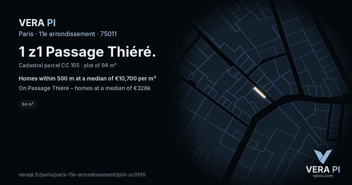 1 z1 Passage Thiéré, 11e arrondissement at night – the plot lit, the parcels around coloured by the prices near them