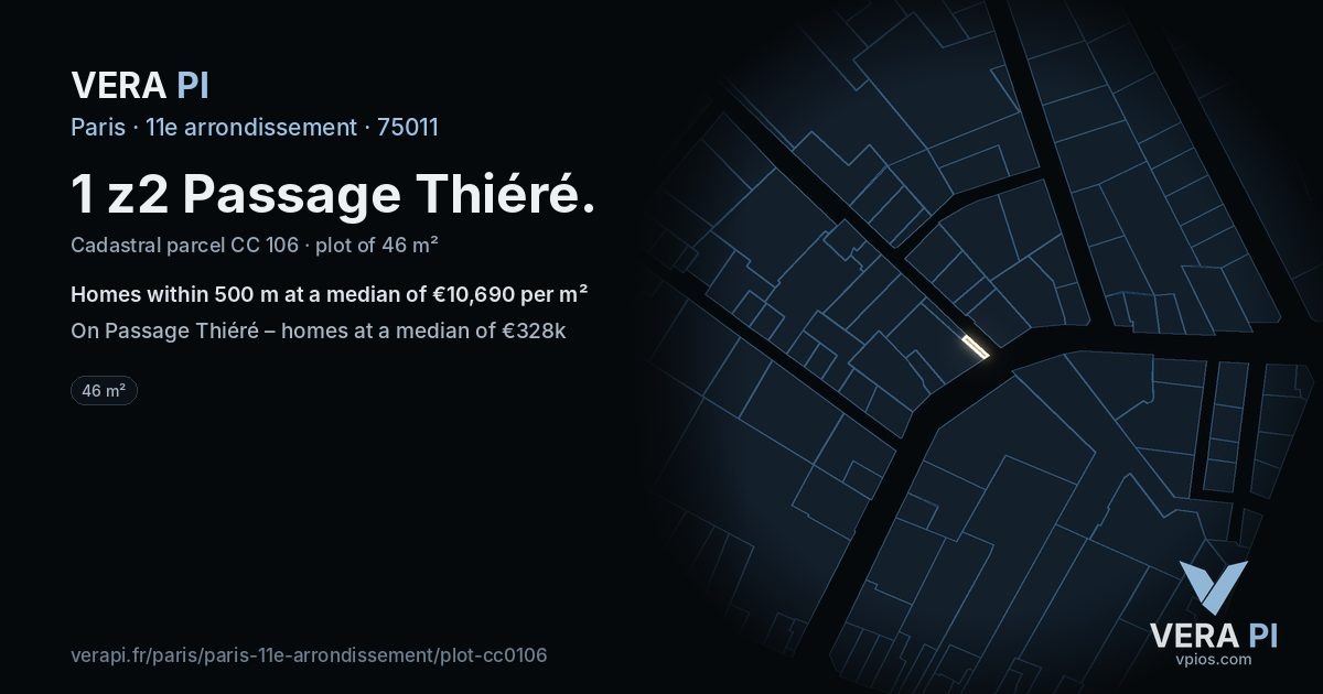 1 z2 Passage Thiéré, 11e arrondissement at night – the plot lit, the parcels around coloured by the prices near them