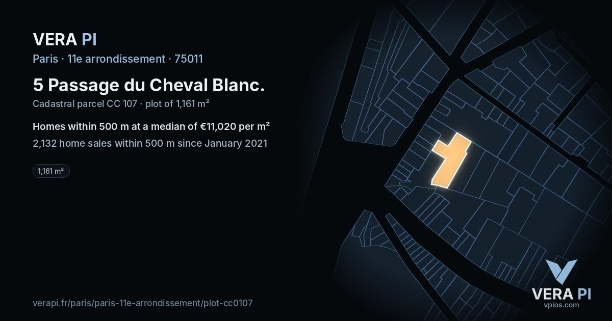 5 Passage du Cheval Blanc, 11e arrondissement at night – the plot lit, the parcels around coloured by the prices near them