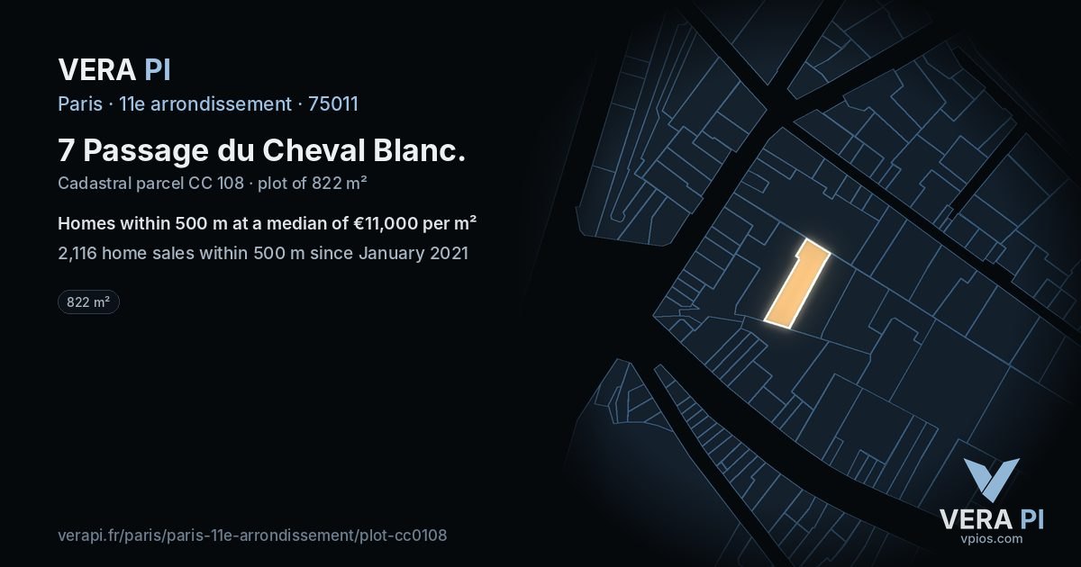 7 Passage du Cheval Blanc, 11e arrondissement at night – the plot lit, the parcels around coloured by the prices near them