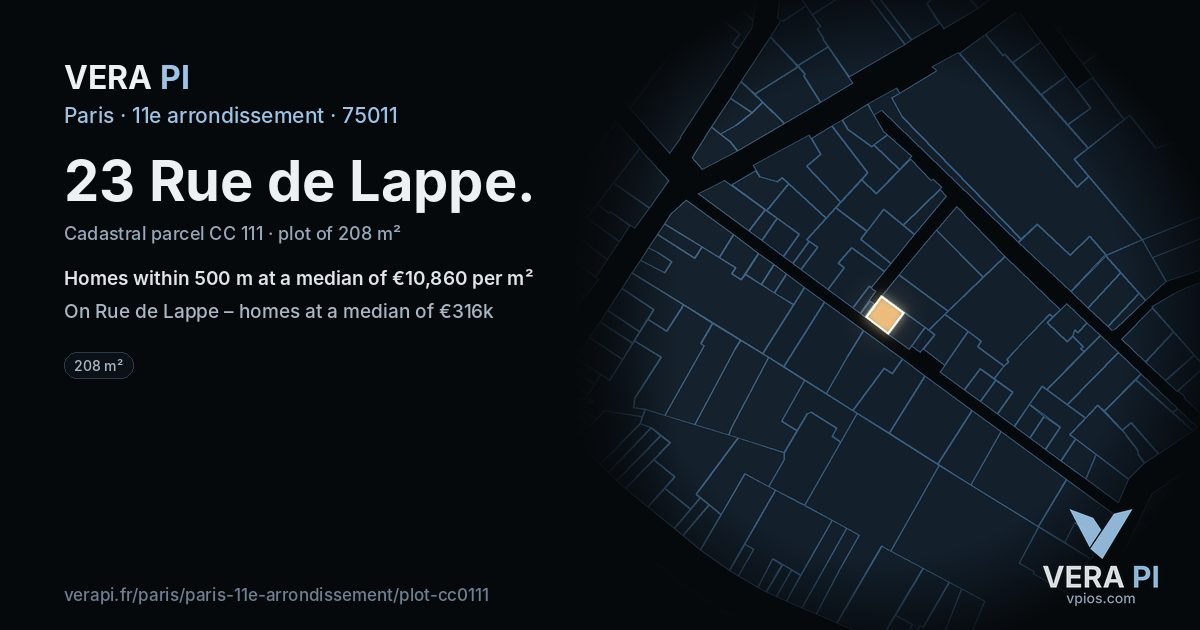 23 Rue de Lappe, 11e arrondissement at night – the plot lit, the parcels around coloured by the prices near them