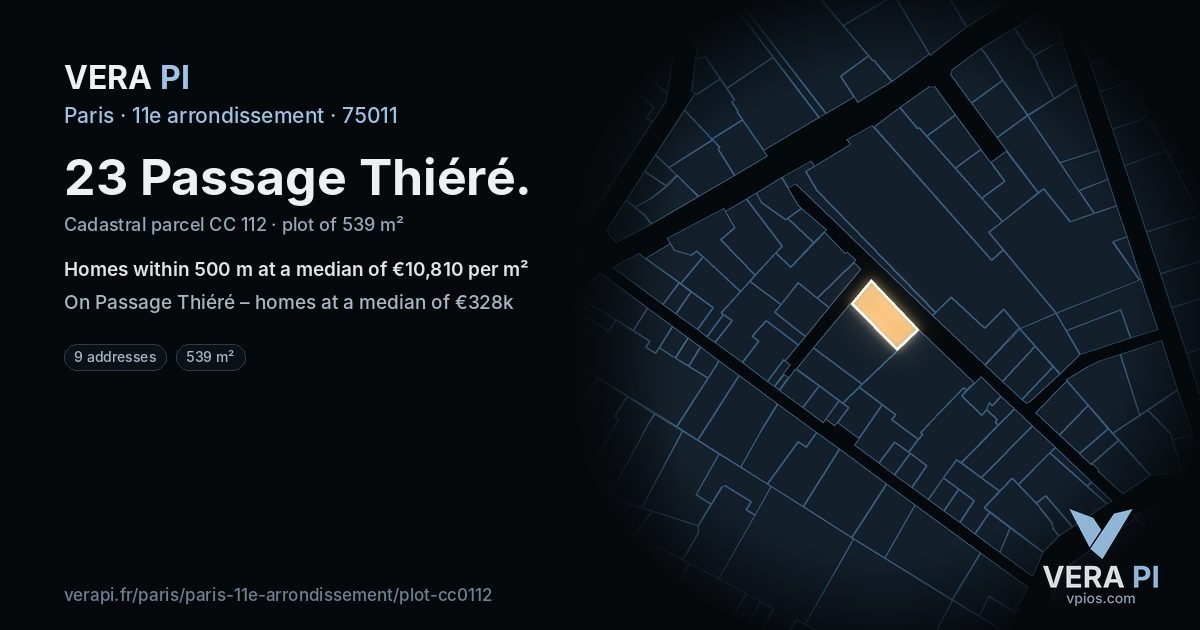 23 Passage Thiéré, 11e arrondissement at night – the plot lit, the parcels around coloured by the prices near them