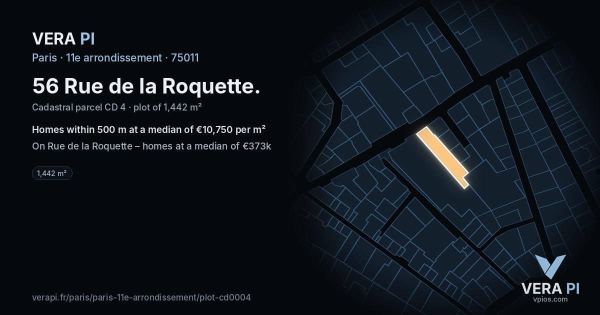 56 Rue de la Roquette, 11e arrondissement at night – the plot lit, the parcels around coloured by the prices near them