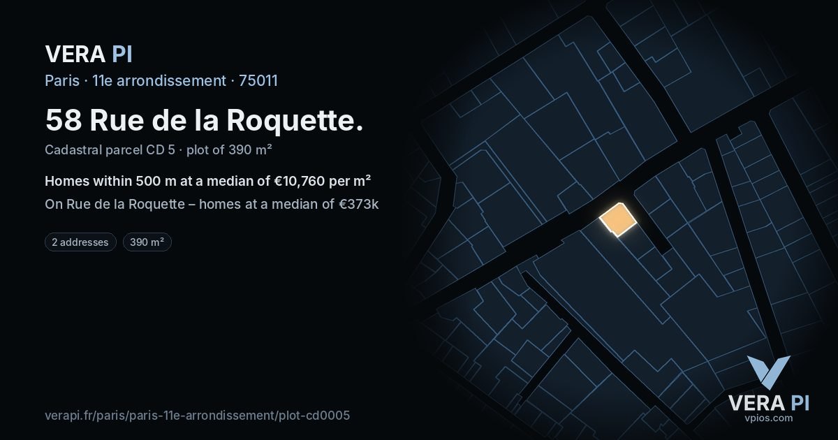 58 Rue de la Roquette, 11e arrondissement at night – the plot lit, the parcels around coloured by the prices near them