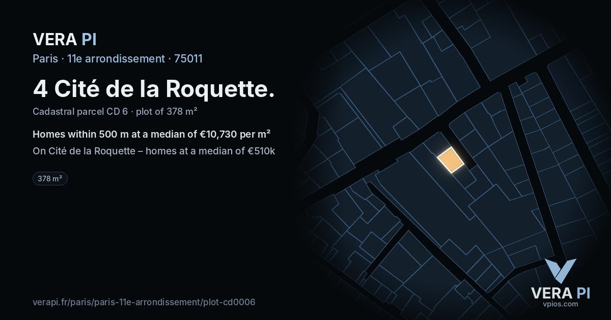 4 Cité de la Roquette, 11e arrondissement at night – the plot lit, the parcels around coloured by the prices near them