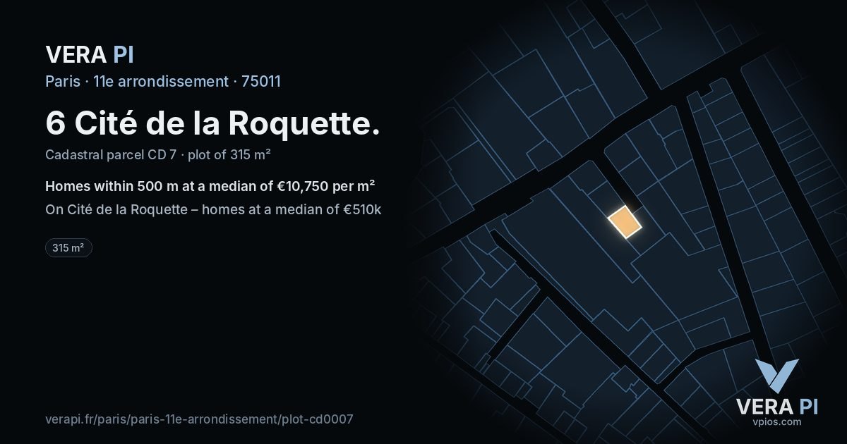 6 Cité de la Roquette, 11e arrondissement at night – the plot lit, the parcels around coloured by the prices near them