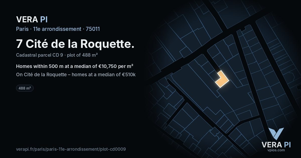 7 Cité de la Roquette, 11e arrondissement at night – the plot lit, the parcels around coloured by the prices near them