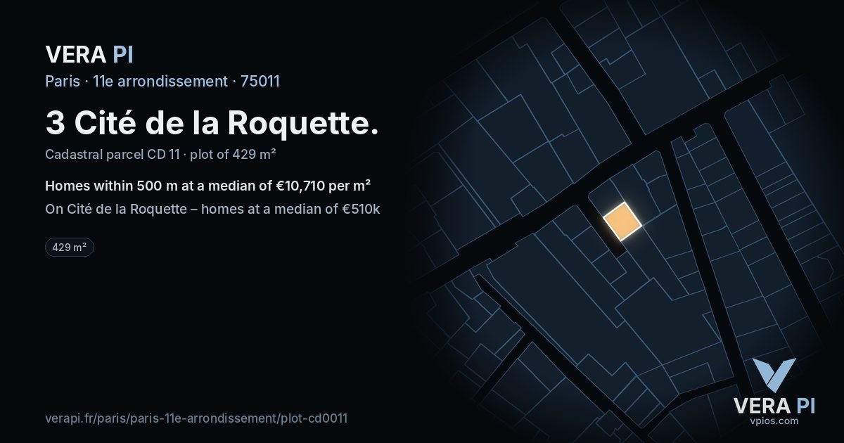 3 Cité de la Roquette, 11e arrondissement at night – the plot lit, the parcels around coloured by the prices near them