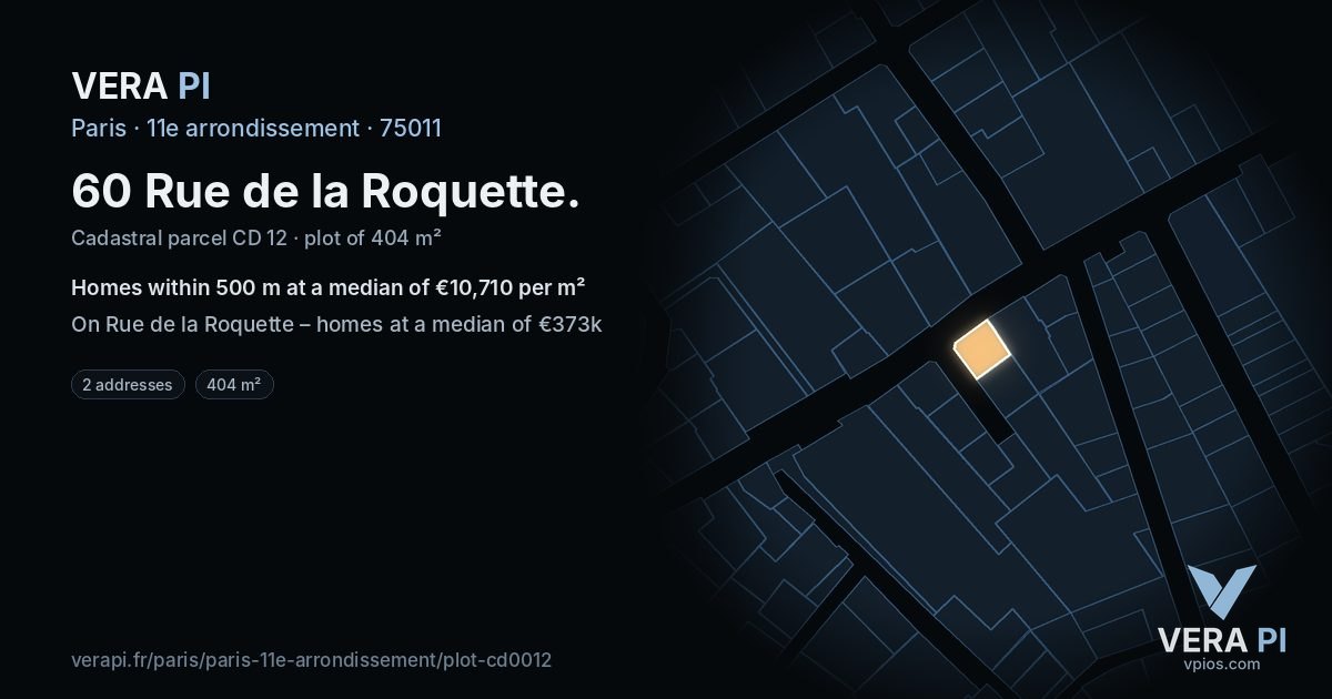 60 Rue de la Roquette, 11e arrondissement at night – the plot lit, the parcels around coloured by the prices near them
