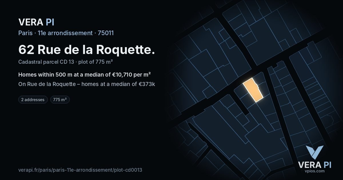 62 Rue de la Roquette, 11e arrondissement at night – the plot lit, the parcels around coloured by the prices near them