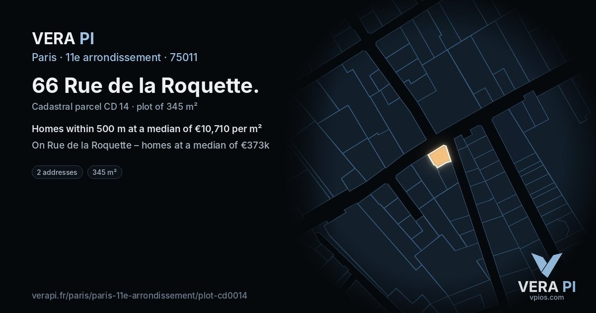 66 Rue de la Roquette, 11e arrondissement at night – the plot lit, the parcels around coloured by the prices near them