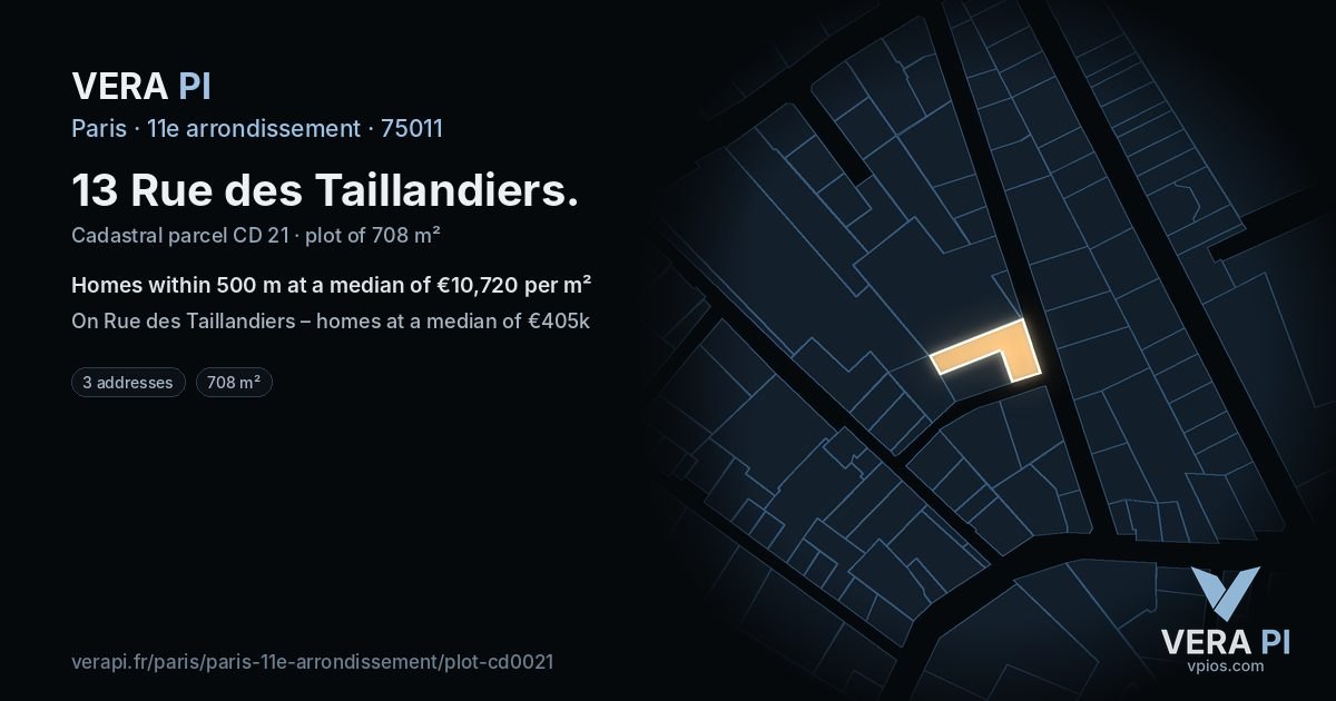 13 Rue des Taillandiers, 11e arrondissement at night – the plot lit, the parcels around coloured by the prices near them
