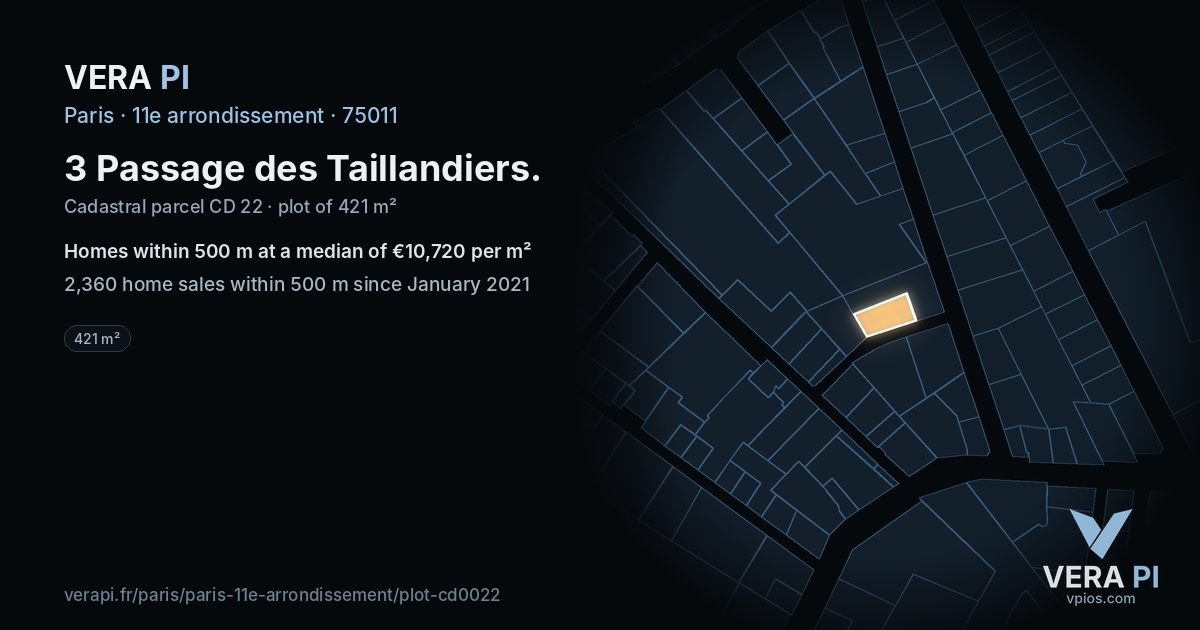 3 Passage des Taillandiers, 11e arrondissement at night – the plot lit, the parcels around coloured by the prices near them
