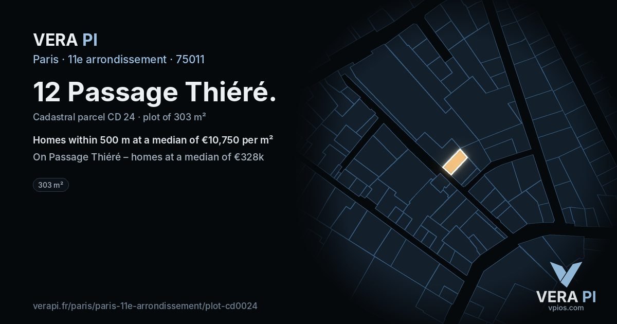 12 Passage Thiéré, 11e arrondissement at night – the plot lit, the parcels around coloured by the prices near them