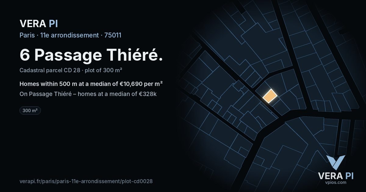 6 Passage Thiéré, 11e arrondissement at night – the plot lit, the parcels around coloured by the prices near them