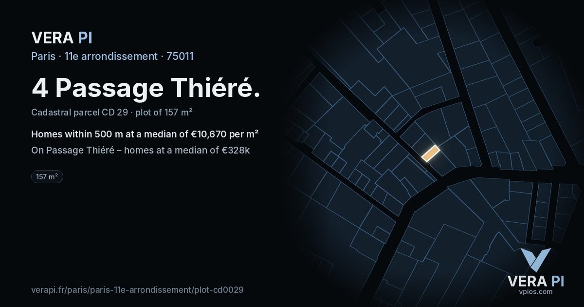 4 Passage Thiéré, 11e arrondissement at night – the plot lit, the parcels around coloured by the prices near them