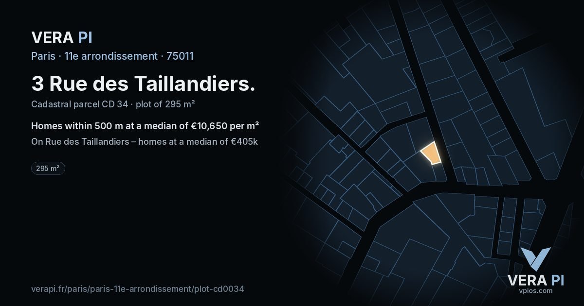 3 Rue des Taillandiers, 11e arrondissement at night – the plot lit, the parcels around coloured by the prices near them