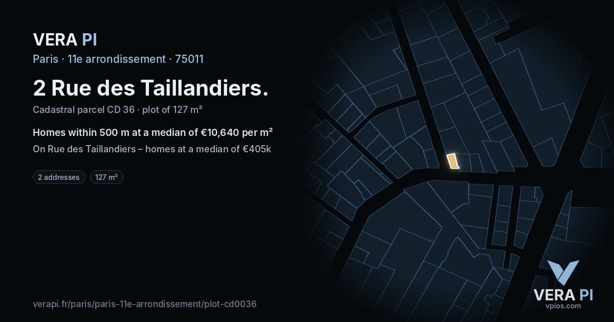 2 Rue des Taillandiers, 11e arrondissement at night – the plot lit, the parcels around coloured by the prices near them