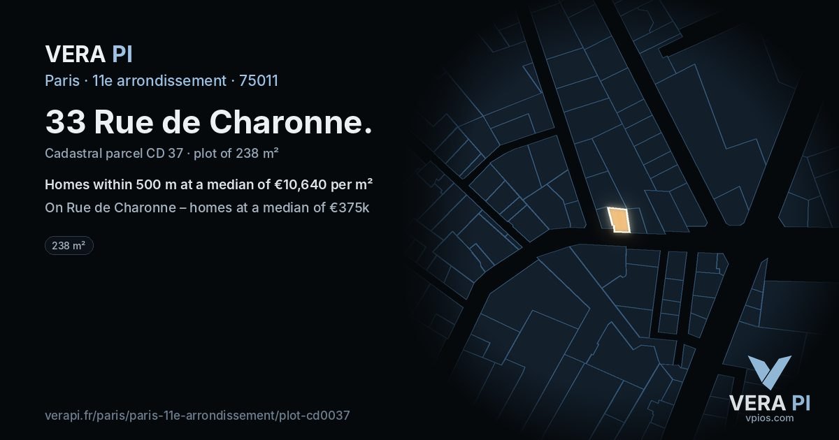 33 Rue de Charonne, 11e arrondissement at night – the plot lit, the parcels around coloured by the prices near them