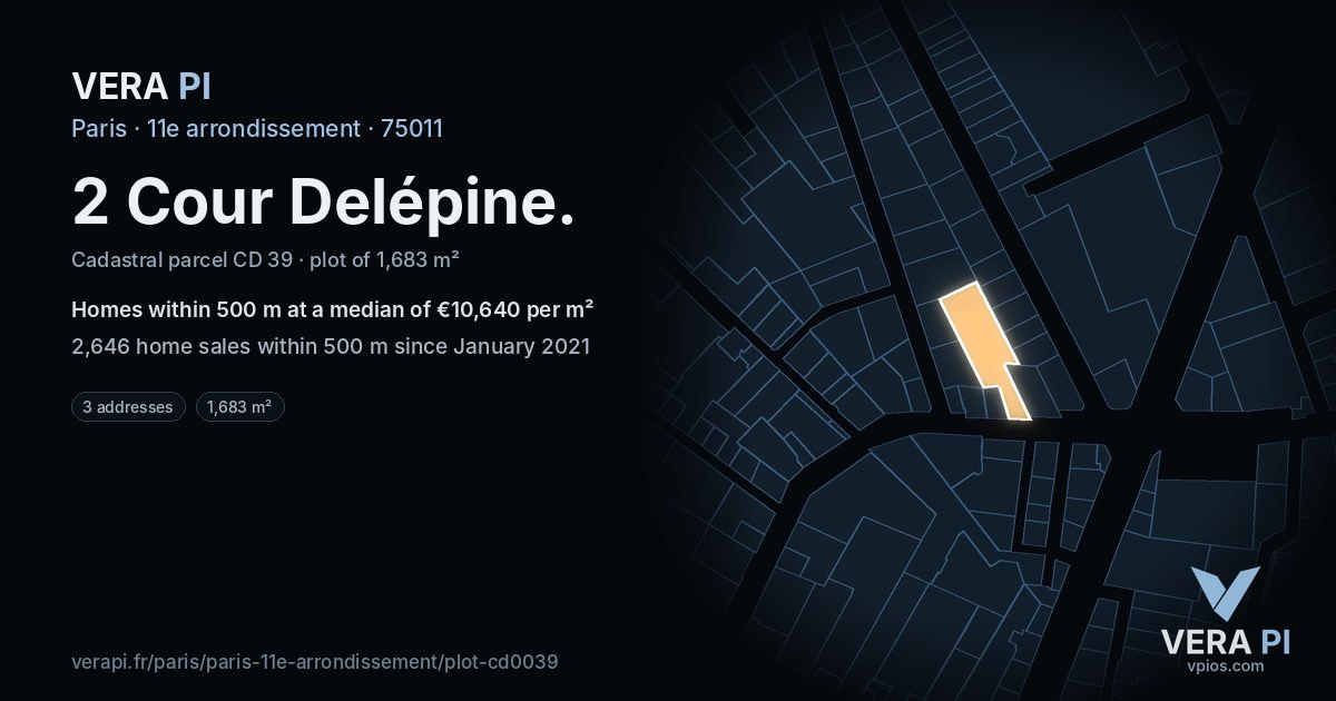 2 Cour Delépine, 11e arrondissement at night – the plot lit, the parcels around coloured by the prices near them