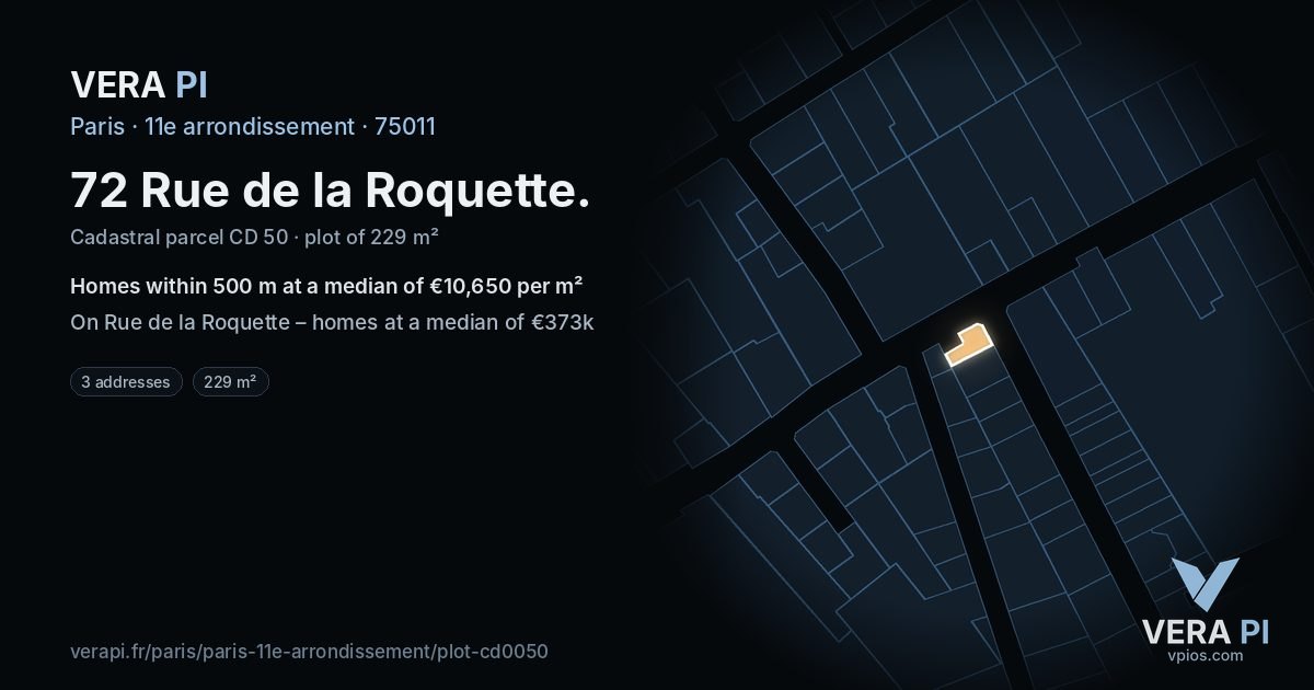 72 Rue de la Roquette, 11e arrondissement at night – the plot lit, the parcels around coloured by the prices near them