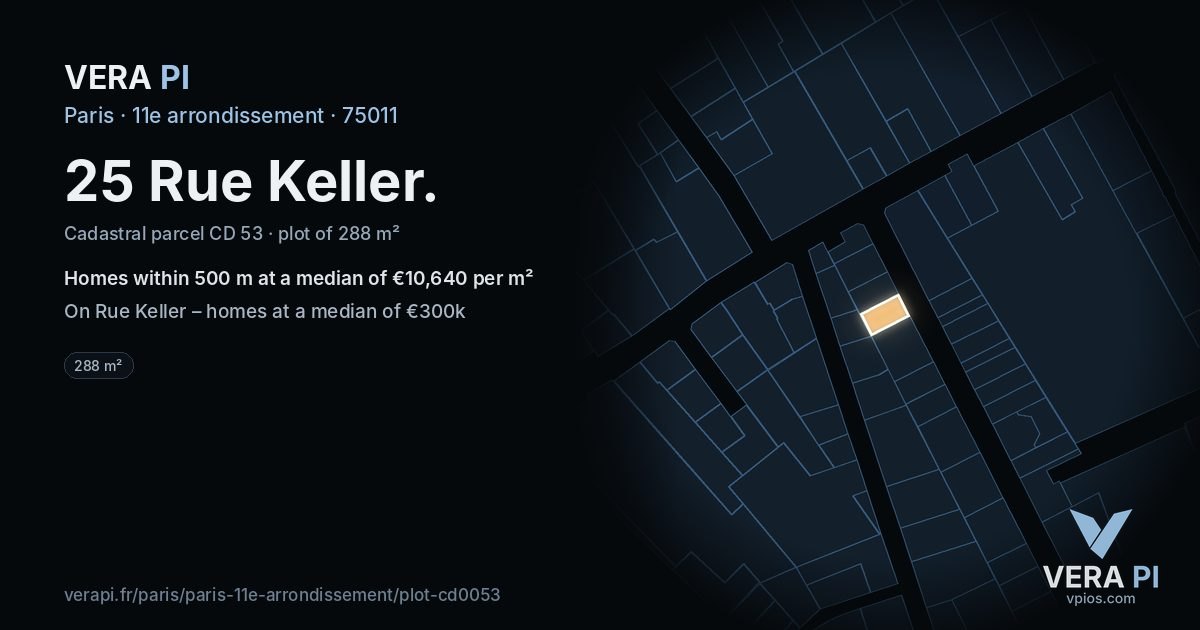 25 Rue Keller, 11e arrondissement at night – the plot lit, the parcels around coloured by the prices near them