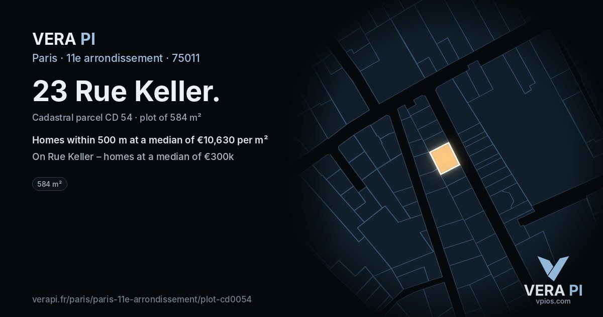 23 Rue Keller, 11e arrondissement at night – the plot lit, the parcels around coloured by the prices near them