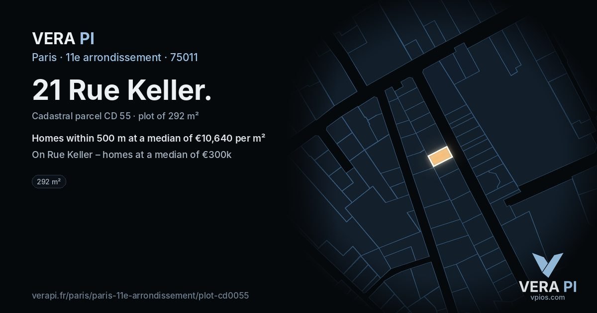 21 Rue Keller, 11e arrondissement at night – the plot lit, the parcels around coloured by the prices near them