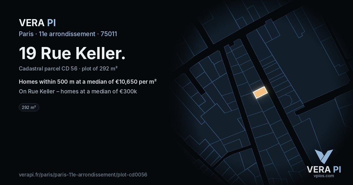 19 Rue Keller, 11e arrondissement at night – the plot lit, the parcels around coloured by the prices near them